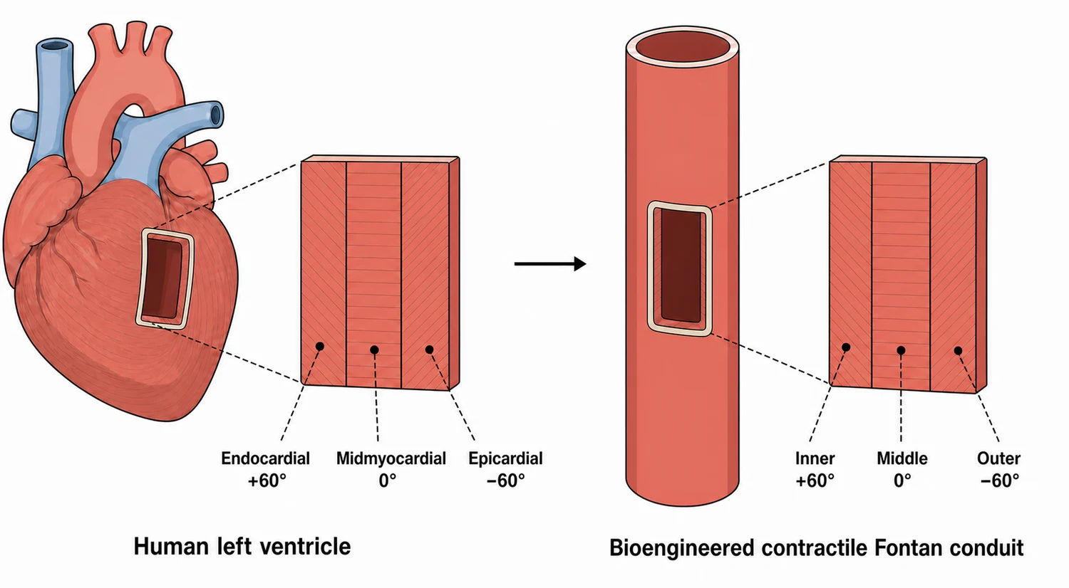 Fibre orientation in the human left ventricle mapped onto the wall of a bioengineered contractile Fontan conduit