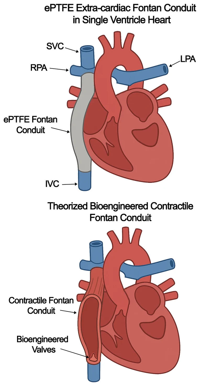 The standard ePTFE extracardiac Fontan conduit above a theorised bioengineered contractile Fontan conduit with bioengineered valves