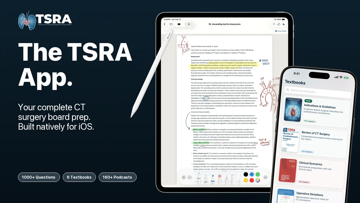 The TSRA App shown on iPad and iPhone — an annotated textbook chapter and the textbook library